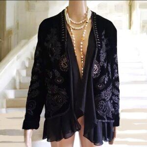 Fantasy Chiffon Ruffles Floral Embroidered Beading Black Velvet Jacket  Sz M